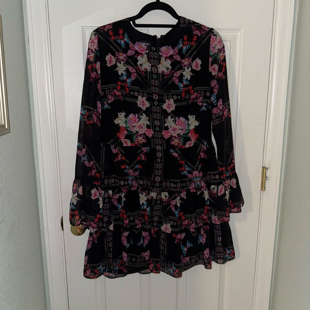 Bebe Black Dress with Pink Floral and Butterfly Design